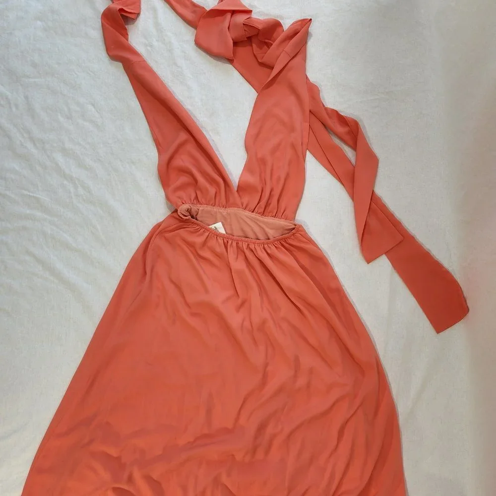 V-Neckline Long Prom Dress  by Studio F Size 8 Coral Color 85% Poly. Worn Once! - Picture 15 of 16